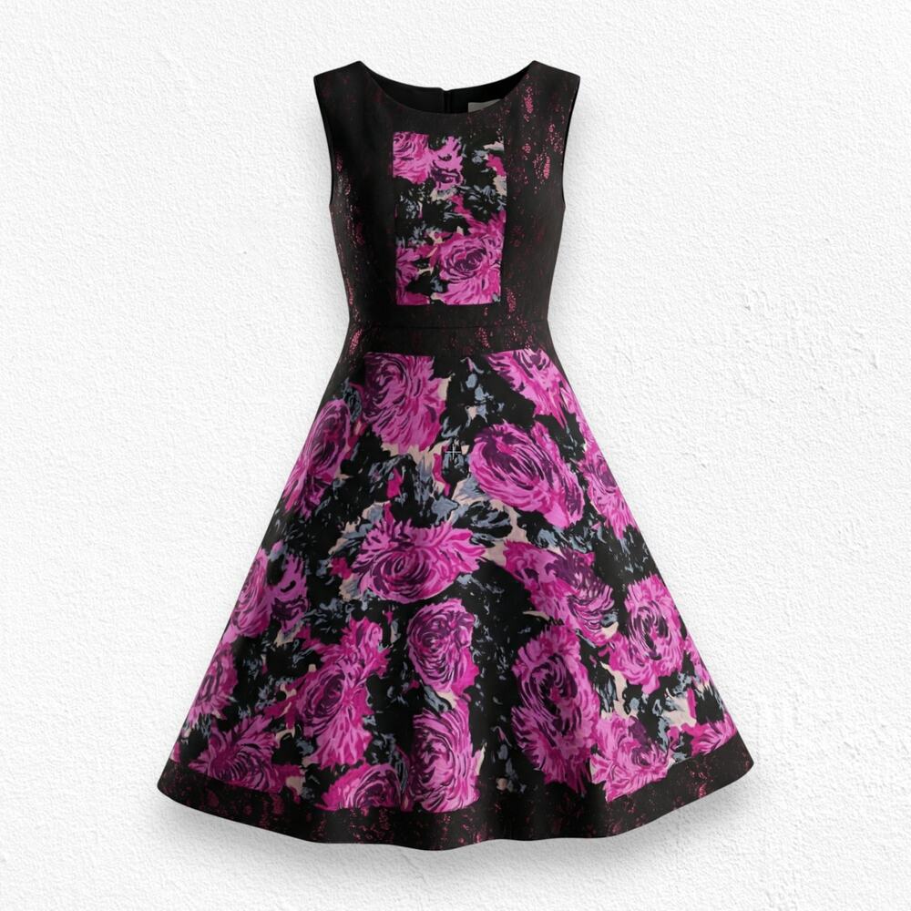 Tracy Reese Fuchsia Mums Silk Linen Pink Fit Flare Dress Pockets Size 2 NWT